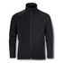 A black softshell jacket with a high collar and zip front, featuring side pockets and a logo.