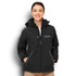 A women's black softshell jacket with a hood, featuring zip pockets and a small logo.