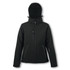 A black women's softshell jacket with a hood, featuring multiple zip pockets and a fitted design.