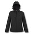 A women's softshell jacket in black with a hood and multiple zippered pockets, featuring a logo.