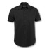 A black button-up shirt with short sleeves and a collar, featuring a subtle logo on the front.