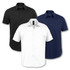 Three button-up shirts in black, white, and navy, featuring short sleeves and a logo on the collar.