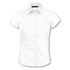 A white short sleeve button-up shirt with a collar, designed for a fitted look. It features a logo.