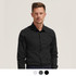 A men's long sleeve button-up shirt in black, featuring a collar and a front button closure, with a branding logo.