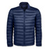 A navy blue men's puffer jacket with a zip front and standing collar, featuring a logo.