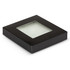A square black box containing a clear glass coaster set. The box has a transparent window.