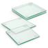 A set of four square glass coasters with a clear finish, featuring rounded edges and rubber grips at the corners.