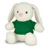 A plush rabbit toy with a white body and green shirt, featuring long ears and a cute pink nose.