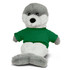 A plush seal toy with grey and white fur, wearing a green shirt, sitting upright. It has a sweet and friendly appearance.