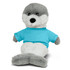 A grey and white seal plush toy wearing a blue shirt, featuring a cute expression and soft texture.