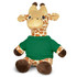 A plush giraffe toy with brown and yellow spots, wearing a green shirt. The toy has a friendly expression and soft texture.