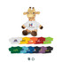 A plush giraffe toy with a white t-shirt, surrounded by various coloured t-shirts, including blue, yellow, green, and purple.