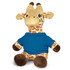 A plush giraffe toy wearing a blue shirt, featuring a patterned yellow and brown body and brown hooves.