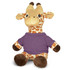 A giraffe plush toy with a patterned yellow and brown body, wearing a purple shirt, sitting down.
