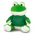 A green frog plush toy wearing a green shirt, featuring a large head and friendly expression.