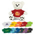 A plush white bear toy wearing a red shirt, surrounded by various coloured t-shirts in different styles.