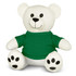 A plush bear toy with a white body and black accents, wearing a green shirt and displaying a cheerful expression.