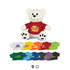 A plush white bear wearing a red shirt, surrounded by various coloured shirts in different shades. It has a logo on the shirt.