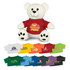 A white plush bear wearing a red shirt, alongside various coloured shirts in multiple styles. The bear has black paws and a friendly expression.