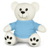 A white plush bear toy wearing a blue shirt, with black paws and a smiling face. It has a simple logo on the shirt.