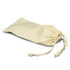 A cream cotton drawstring pouch with a gathered top, featuring a simple design and a decorative logo.