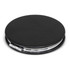 A compact mirror with a black leather exterior and silver hinges, featuring a logo on its surface.