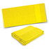 A bright yellow bath towel in two positions: one unfolded and one neatly folded, featuring a subtle branding logo.