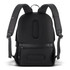 A black backpack with padded straps and a smooth back panel, featuring a logo and a sleek design.
