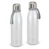 A drink bottle with a transparent body, stainless steel top, and a grey silicone strap. It features a logo on the cap.