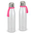 A drink bottle with a clear body and metal lid, featuring a pink silicone strap. Two bottles are displayed.