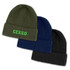 Three knitted beanies in olive green, navy blue, and black, each featuring a logo on the front.