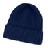 A navy blue beanie with a ribbed texture and a folded cuff, featuring a logo on the side.