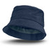 A navy corduroy bucket hat with a soft interior and a wide brim, featuring a logo.