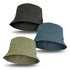 A collection of three faded bucket hats in olive green, blue-grey, and dark green, featuring brass eyelets.