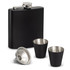 A black hip flask gift set including a flask and two matching stainless steel cups, featuring a logo.