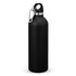 A drink bottle in matte black with a stainless steel top and a carabiner clip for easy attachment.