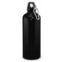 A drink bottle in black, featuring a carabiner clip and a sleek design, with a logo present.