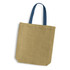 A jute tote bag with a natural finish and navy blue handles. The bag has a simple, unembellished design.