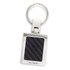 A silver key ring with a rectangular carbon fibre insert and a logo. The key ring features a polished finish.