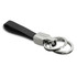 A black leather key ring featuring a silver metal clasp and two key rings, with a logo on the metal.