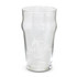 A transparent beer glass with a smooth, curved design and a subtle etched logo.