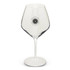 A clear, elegant wine glass with a tall stem, featuring a logo on its side. Suitable for serving various wines.