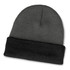 A two-toned beanie featuring a grey body and a black cuff. It has a logo on the side.