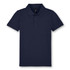 A navy polo shirt with a collar, featuring a button placket and a logo on the label.