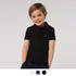 A black polo shirt designed for kids, featuring a collar and short sleeves, modelled by a smiling boy.