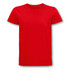 A red organic T-shirt with a crew neck and short sleeves, featuring a branding logo.
