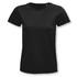 A black women's organic T-shirt with a round neckline and short sleeves. It features a small logo detail.
