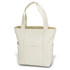 A beige canvas tote bag with two sturdy handles and an exterior pocket. It has a simple design and is unadorned.