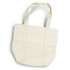 A cream canvas tote bag with two side pockets and long handles. It has a minimalist design and a logo.
