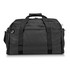A black duffle bag with dual handles, zippered compartments, and a logo. The fabric is sturdy and durable.